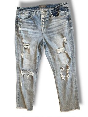 Torrid High Rise Straight Jeans Classic Denim Button Fly Distressed Sz 14R   C-7